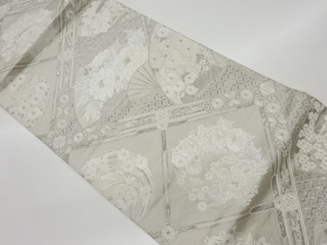 リサイクル　プラチナ箔扇に格天井・花々模様織出し袋帯